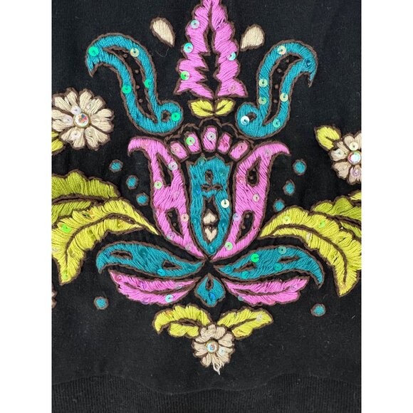 Size Small Black Embroidered Sequins V-Neck Zip Hoodie Sweatshirt Pockets - Picture 4 of 7